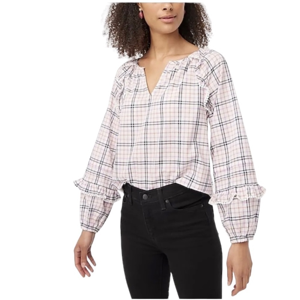 J. Crew - NWT Plaid Ruffle Trim Peasant Top Blouse Sz S